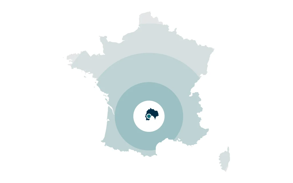 Carte de France avec un repère sur Aurillac, dans le Cantal
