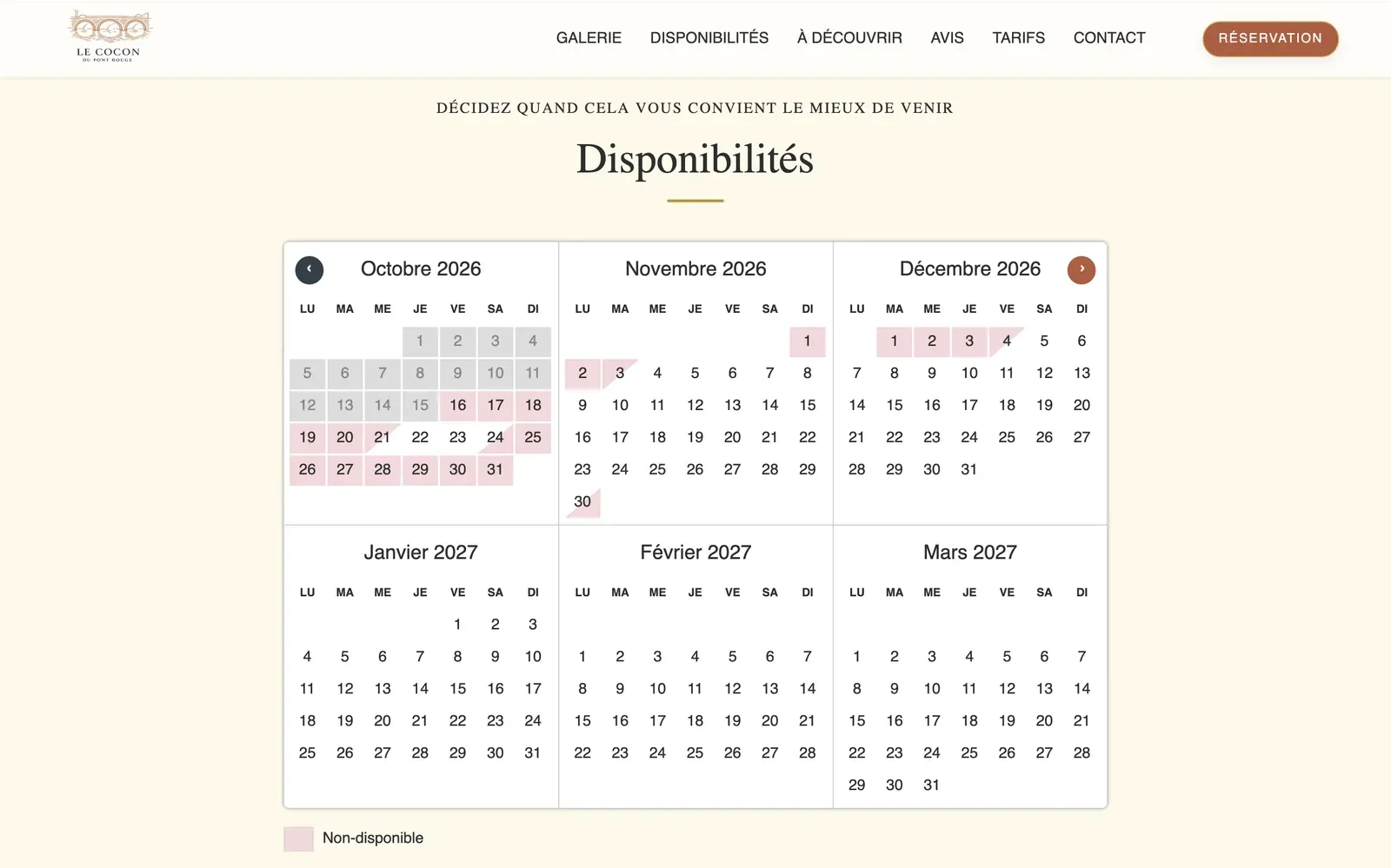 Calendrier des disponibilités du site Le Cocon du Pont Rouge